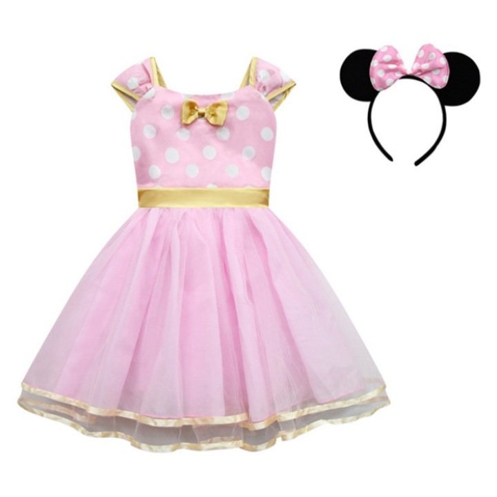 Set rochie fetite pentru carnaval si bentita Mixbo, Printesa, satin/tul, 6-7 ani, roz cu buline albe