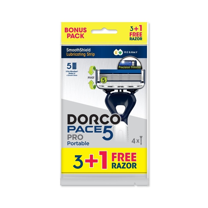 Aparat de ras clasic DORCO Pace 5, set 4 bucati, 5 lame, confortabil, fara iritatii