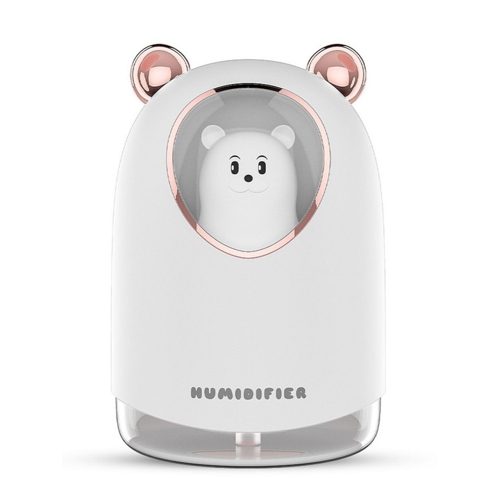 USB овлажнител за въздух с фигурка на плюшено мече, осветление за настроение, 300 мл - бял