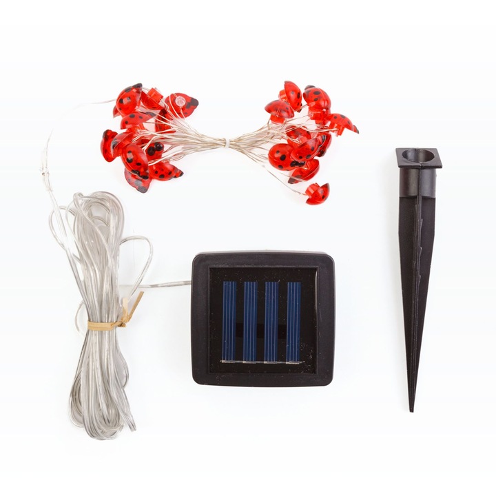 Napelemes fényfüzér katicabogár mintával, 2,4 m, 25 LED, meleg fehér