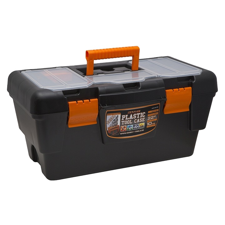 Handy praktikus 22"-os műanyag szerszámtáska, kivehető szerszámos doboz, dupla csat, 5 rekeszes fiók, 55 x 30 x 26 cm