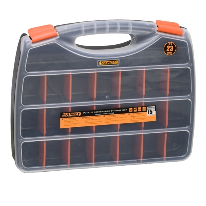 Geanta din plastic pentru accesorii Handy 15", capac transparent, 23 compartimente variabile 38 x 31 x 6 cm