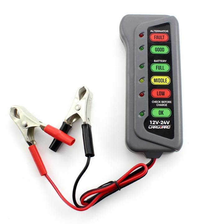 Tester pentru baterii și alternatoare CED AUTO TRADE, 12V-24V, cu indicatori LED, pentru autoturisme și camioane