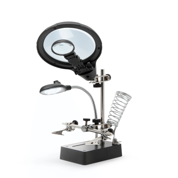 Suport placa circuit imprimat cu lupa si cleme crocodil, negru - gri