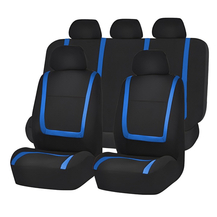 Set Huse Scaune Auto Fata/Spate din 9 Piese Universale, Culoare Negru cu Albastru, Compatibile cu Scaune cu Airbag