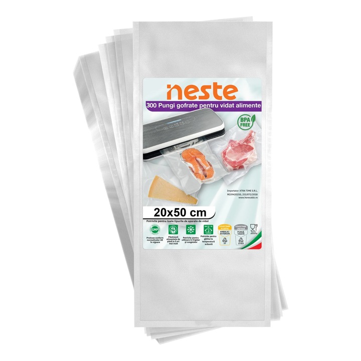 Pachet 300 Pungi Vidat Gofrate pentru alimente, 90 microni, Neste®, 20 x 50 cm
