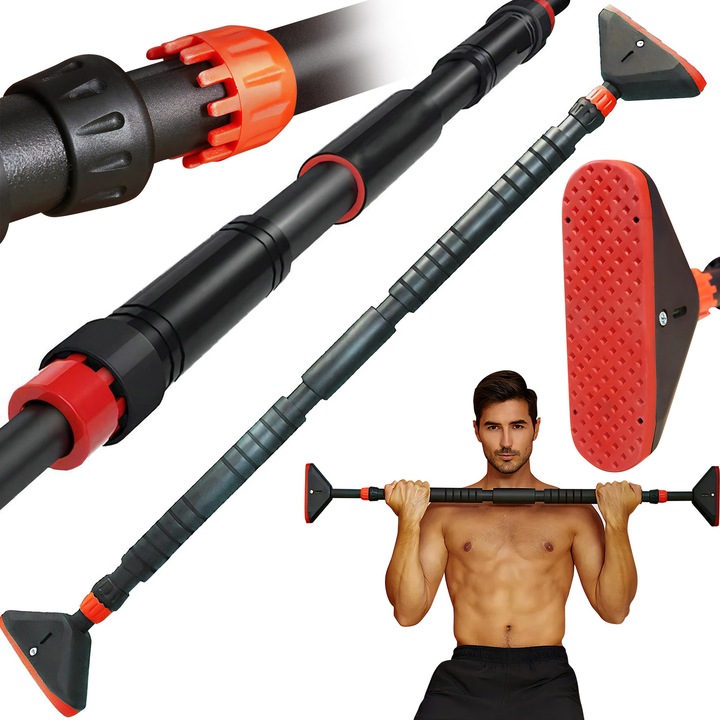 Bara de tractiune, Montata pe perete, Greutate maxima 180 kg, Piese de capat antiderapante, capacitate mare de incarcare, exercitii pentru brate, piept si spate, Lungime reglabila 73-100 cm, Rosu BAR-UP01