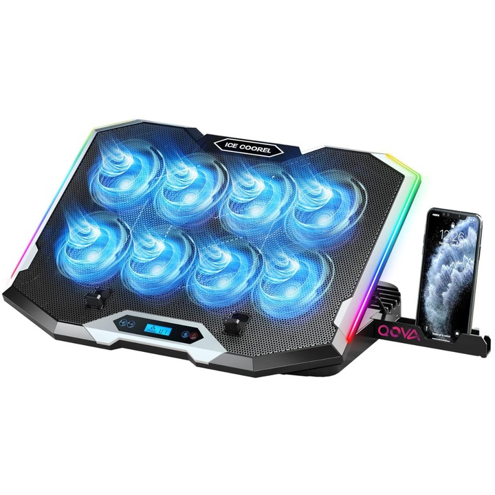 Cooler laptop, Qova®, Suport de Racire RGB cu 8 Ventilatoare, 6 Trepte Reglabile, Afisaj LCD si Suport Telefon – Compatibil 11-21 inch, 2x Port USB, Ultra Silentios, Eficienta Maximizata, Ice Coorel Pentru Gaming / Birou