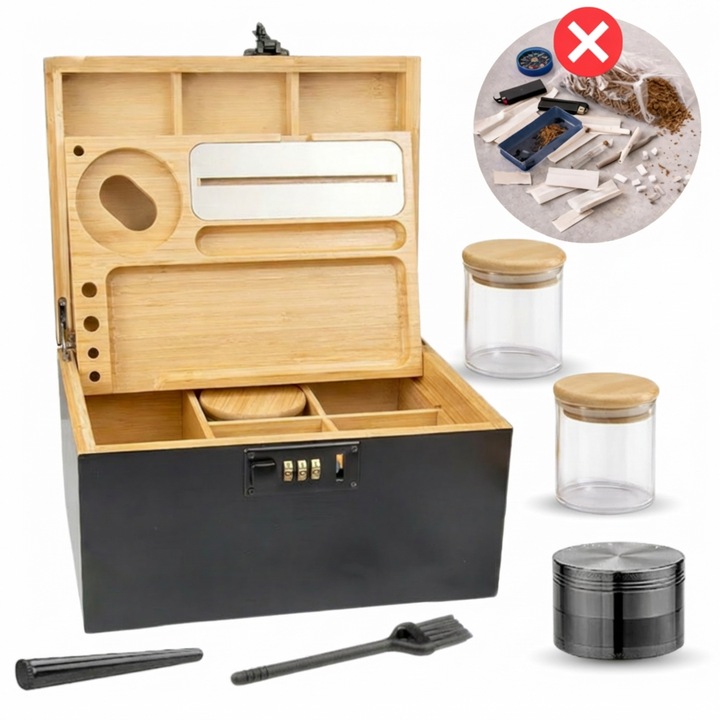 Cutie tutun premium din bambus cu cifru, STEP OUT®, organizator complet cu accesorii (rasnita, recipiente, tava de rulat, pensula, tub tigari), Design elegant, Siguranta avansata, Negru