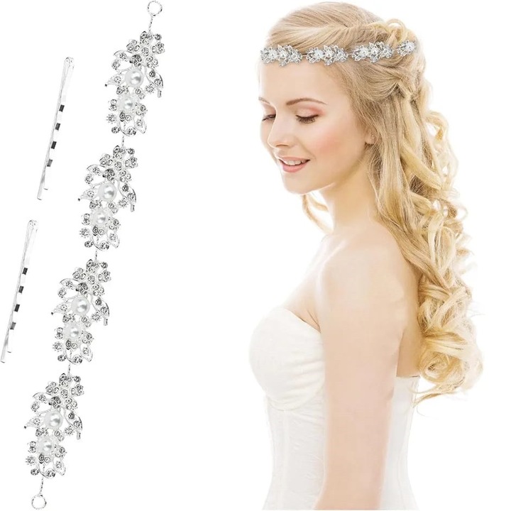 Accesoriu Par pentru Mireasa, tip Bijuterie, agrafa din fire delicate, flori cu perle, argintiu, Animis Beauty®