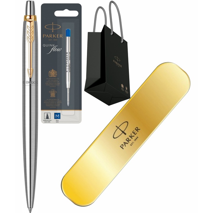 Pix Parker Jotter Royal Stainless Steel GT cu gravura laser inclusa, rezerva mina pix Quink Flow Albastru, penar metalic si punga Parker