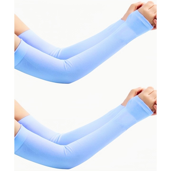 Set 2 perechi maneci unisex, nylon/elastan, UPF 50+, Protectie UV si Intemperii pentru Brat si Mana, Respirabile, Marime Universala. lungime 37cm.Albastru