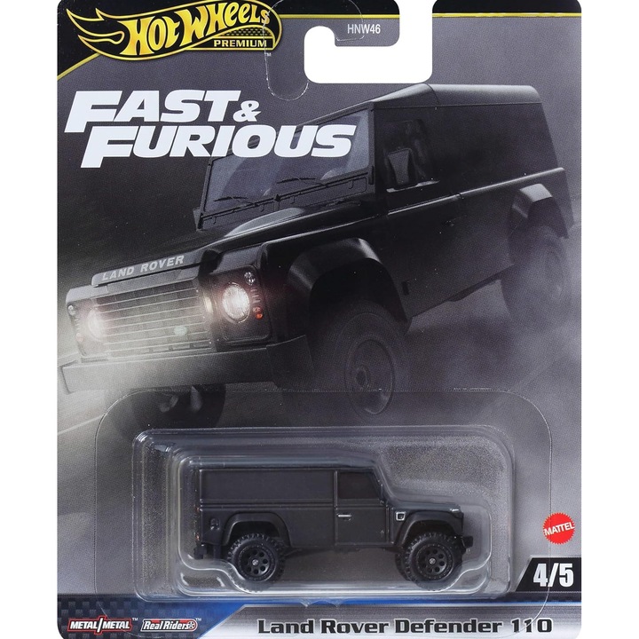 Метална кола Hot Wheels Premium, Бързи и яростни, Land Rover Defender 4/5, JBL98, 1:64, Черен