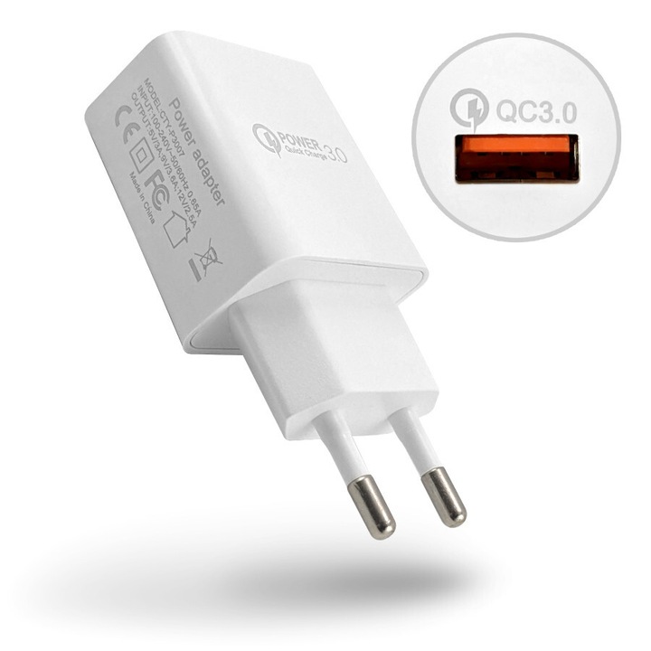 Incarcator retea Restore cu tehnologie Qualcomm Quick Charge 3.0, 18W, incarcare ultra-rapida pentru telefon si tableta, compatibil Samsung, iPhone, Huawei, Xiaomi, adaptor priza USB universal, protectie la supratensiune