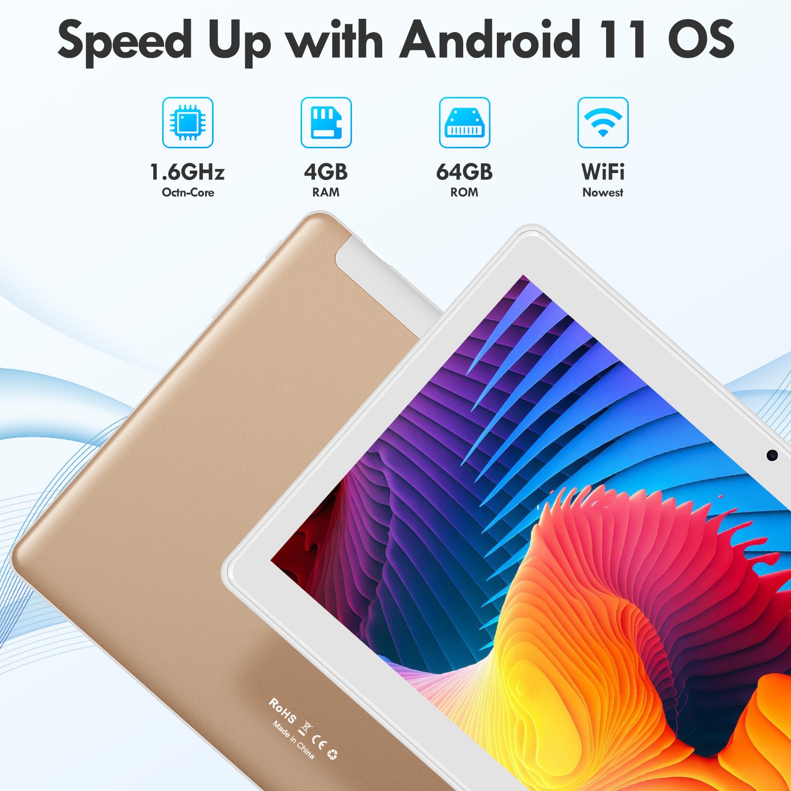 Tableta Android de 10,1 inchi 2025, stocare de 64 GB, camere duale fata si spate 8MP, WiFi, Bluetooth, GPS, suport de expansiune de 256 GB, afisaj IPS (auriu)
