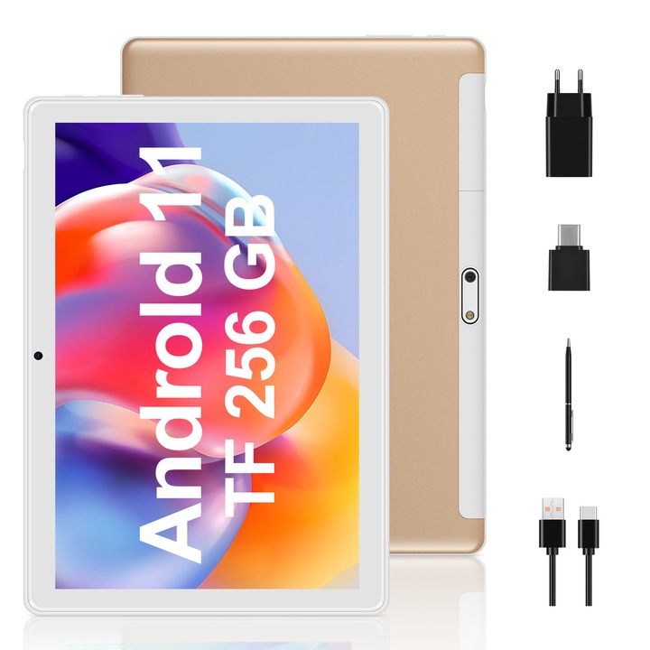 Tablet PC Procesor quad-core Android 11 de 10,1 inchi cu stocare de 64 GB, camere duale de 2 MP de 8 MP, WiFi, Bluetooth, GPS, suport extins de 256 GB, afisaj IPS (auriu)