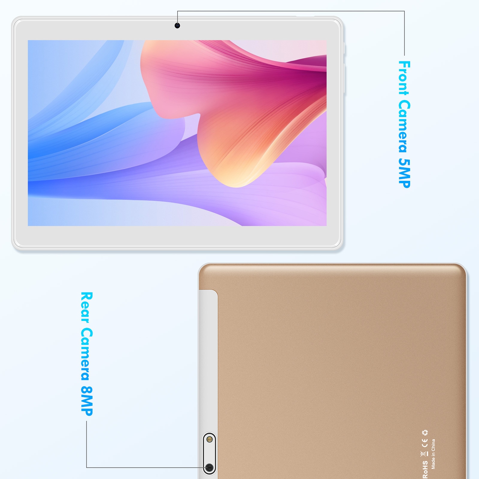 Tableta Android de 10,1 inchi 2025, stocare de 64 GB, camere duale fata si spate 8MP, WiFi, Bluetooth, GPS, suport de expansiune de 256 GB, afisaj IPS (auriu)