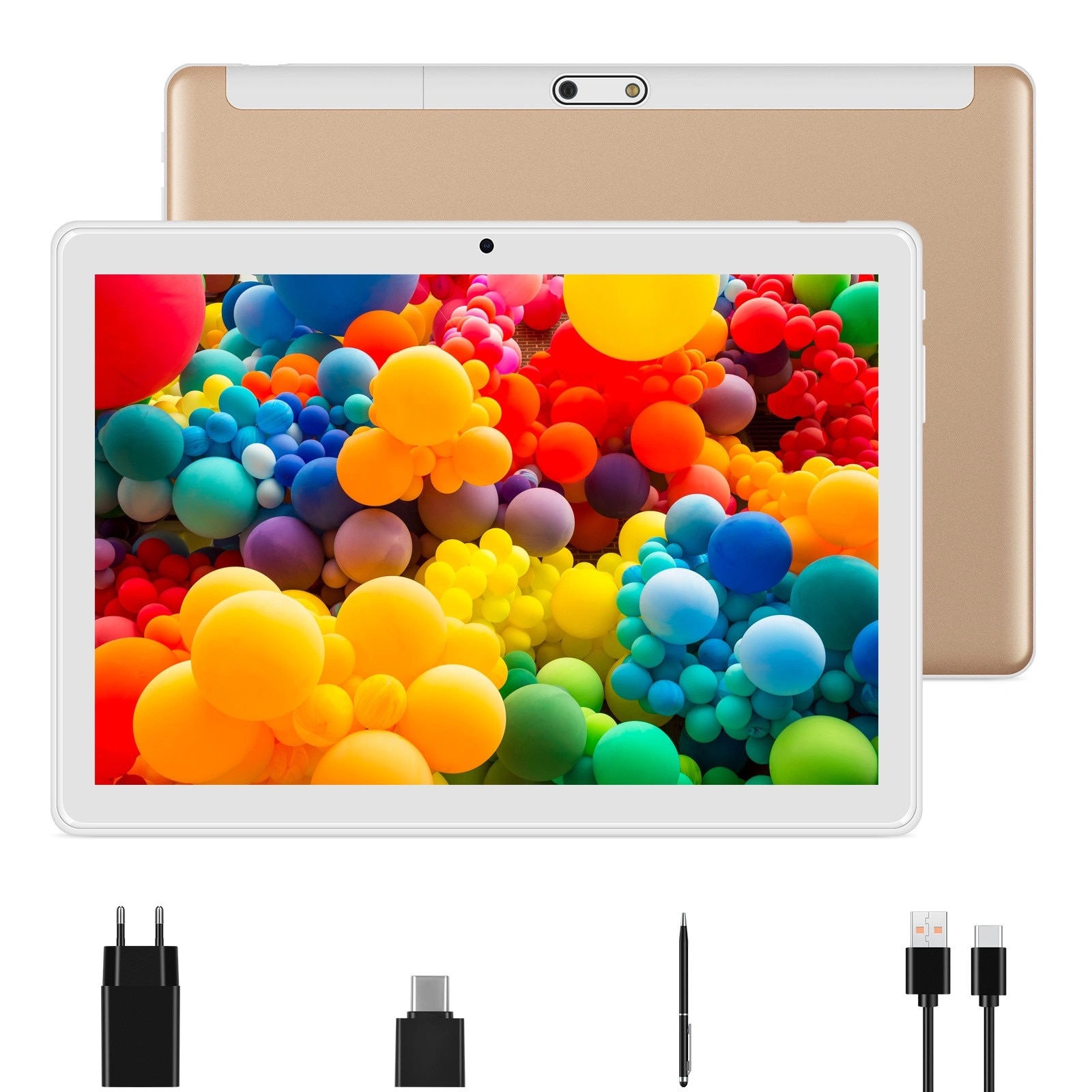 Tableta Android de 10,1 inchi 2025, stocare de 64 GB, camere duale fata si spate 8MP, WiFi, Bluetooth, GPS, suport de expansiune de 256 GB, afisaj IPS (auriu)