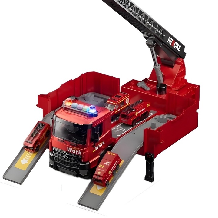 Deformált tűzoltóautó játék, hangot és fényt szimulál, kezet és agyat edz, vizet tud permetezni, alkalmas szülő-gyerek kommunikációra és érdeklődési körök művelésére, piros színű