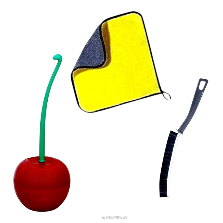 Четка за почистване на тоалетна и баня, череша, дължина 37 см, диаметър 13,5 см, с микрофибърна кърпа, неабразивна, 2 страни, 40x30 см и тънка четка, дължина 23 см, за труднодостъпни места и фуги на плочки