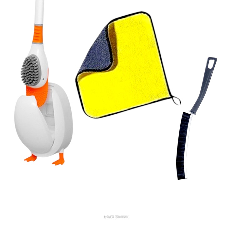 Четка за почистване на тоалетна и баня, форма на оранжево пате, дължина 42 см с микрофибърна кърпа, неабразивна, 2 страни, 40х30 см и тясна четка, дължина 23 см, за труднодостъпни места и фуги на плочки