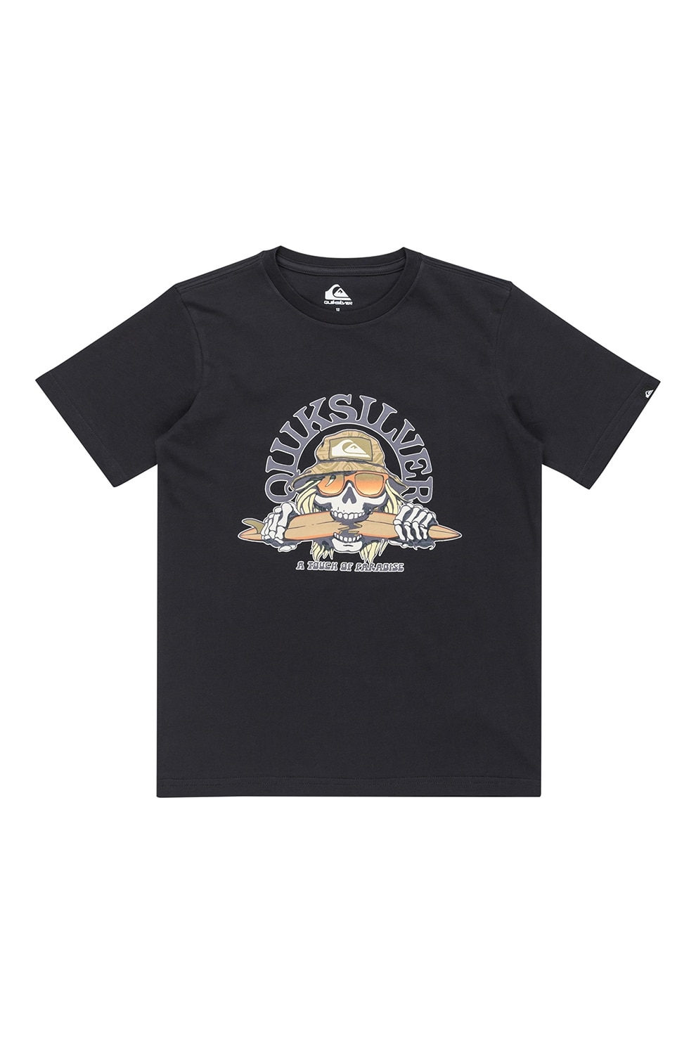 QUIKSILVER, Tricou de bumbac cu imprimeu si decolteu la baza gatului Skull Feast, Negru, Bej, Gri inchis, 176 CM