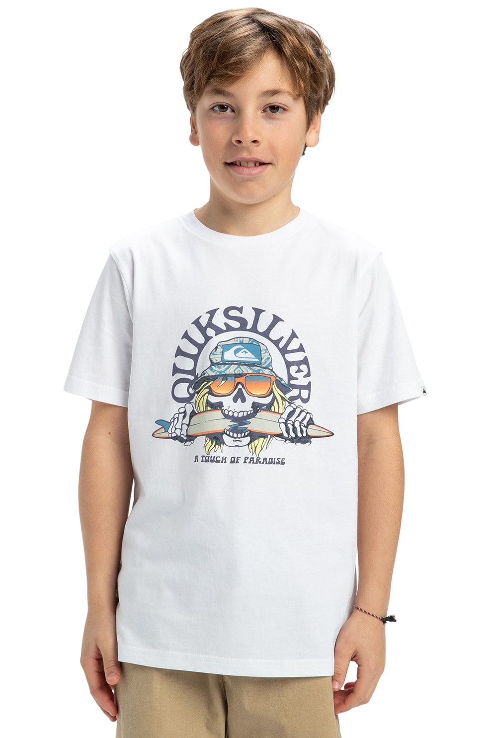 QUIKSILVER, Tricou de bumbac cu imprimeu si decolteu la baza gatului Skull Feast, Alb, Portocaliu, Albastru inchis, 152 CM