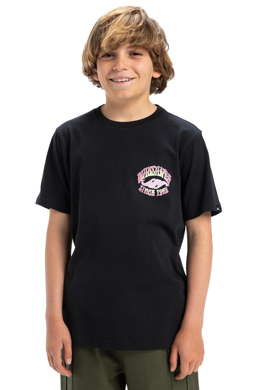 QUIKSILVER, Tricou lejer de bumbac cu logo Times Up, Negru, Fucsia, Albastru deschis, 176 CM