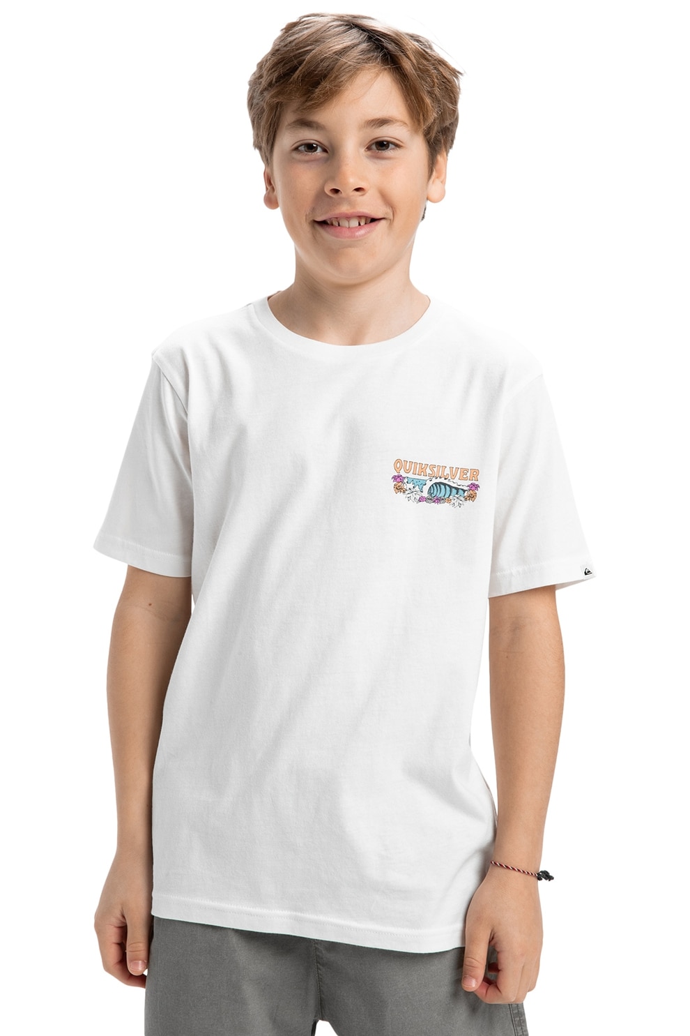 QUIKSILVER, Tricou cu imprimeu si decolteu la baza gatului, Alb, Portocaliu, Albastru, 164 CM