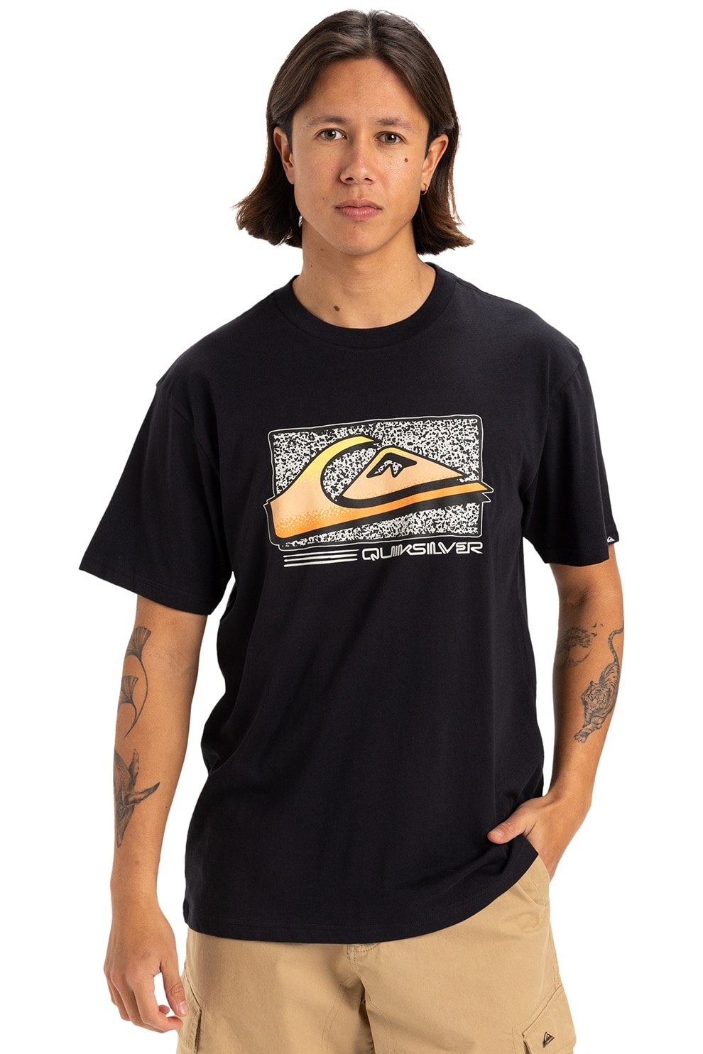 QUIKSILVER, Tricou cu decolteu la baza gatului Retro Fade, Negru, Portocaliu, Alb murdar, S