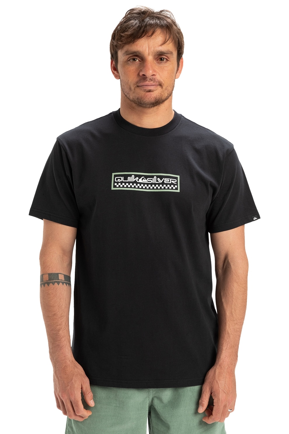 QUIKSILVER, Tricou cu logo si decolteu la baza gatului Sun Dagger, Negru, Alb murdar, S
