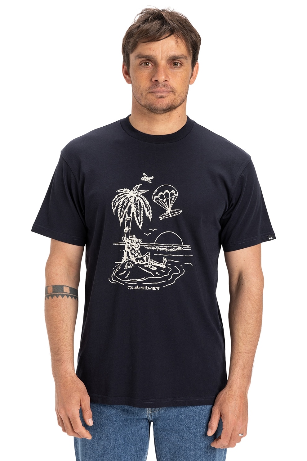 QUIKSILVER, Tricou cu decolteu la baza gatului si imprimeu grafic, Albastru ultramarin, Alb murdar, S
