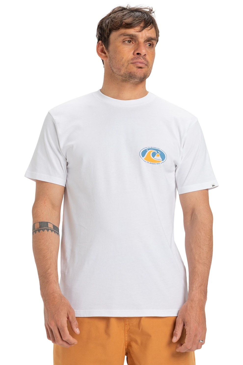 QUIKSILVER, Tricou cu decolteu la baza gatului si imprimeu pe spate, Alb, Portocaliu, Albastru lavanda, S