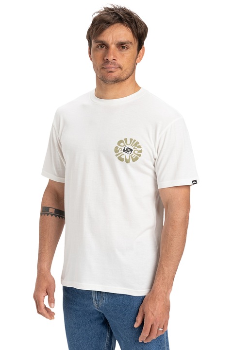 QUIKSILVER,Tricou cu decolteu la baza gatului si logo, Alb/Kaki