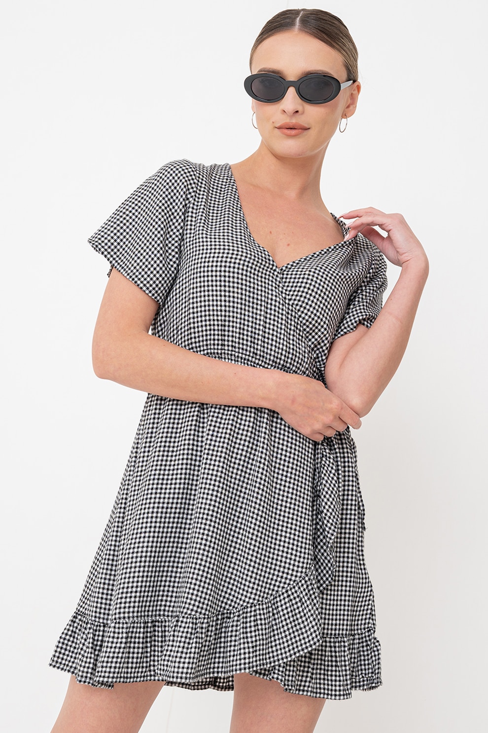 ROXY, Rochie petrecuta cu model in carouri Zenith, Alb, Negru, S