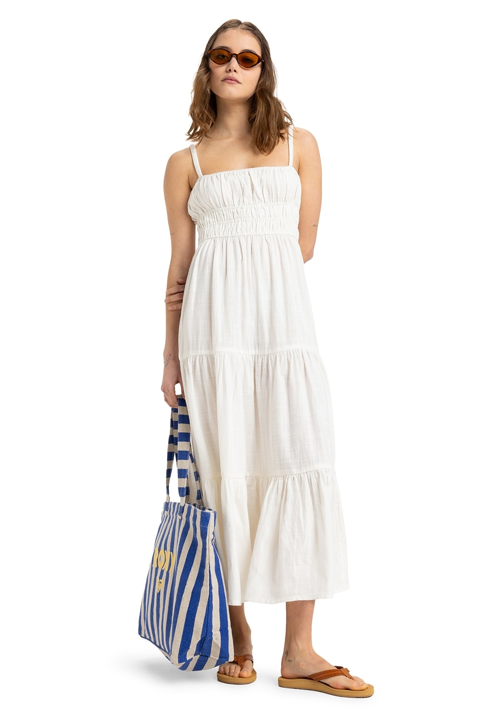 ROXY, Rochie lunga fara maneci cu talie elastica, Alb, M