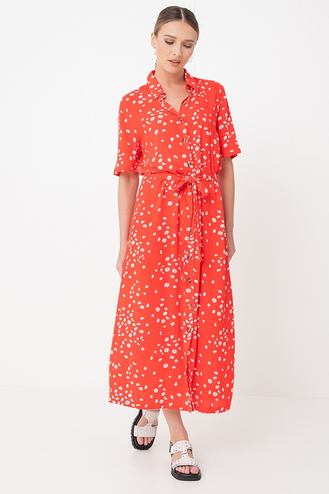 ROXY, Rochie-camasa maxi vaporoasa cu model floral Island Escape, Alb/Rosu vermillion