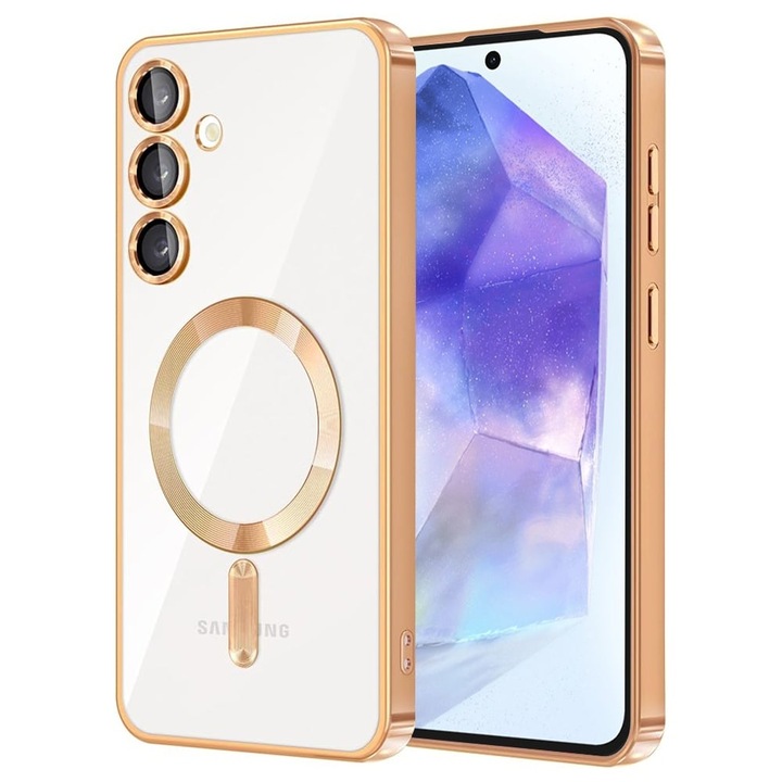 Husa compatibila cu Samsung Galaxy A56, Magsafe, Protectie Camere, Contur Auriu, Atlas