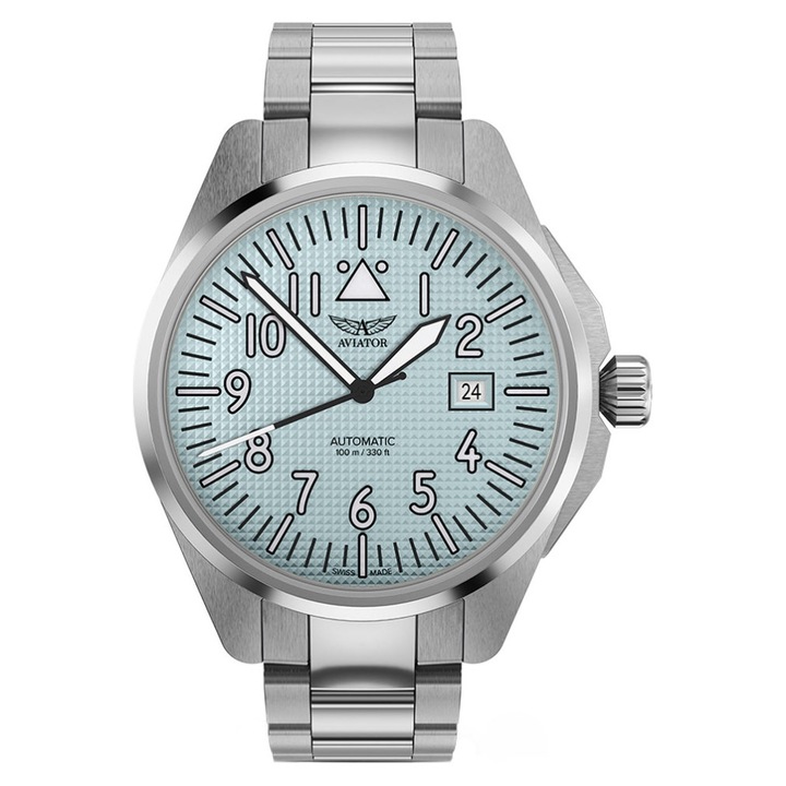 Ceas barbatesc Aviator Airacobra 43 Auto, inox, bratara din otel, carcasa rotunda, cadran albastru, 100m waterproof, argintiu