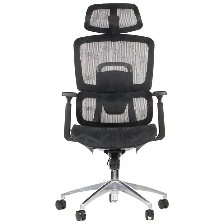 ErgoNew A1, ergonomikus forgószék, állítható fejtámla, kartámasz, és deréktámasz, alumínium alap, fekete