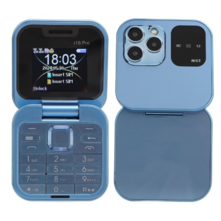 Мини мобилен телефон i16 Pro BeSmart с двоен екран, LED фенерче, камера, 2 x Nano SIM, музикален плеър, радио, Син