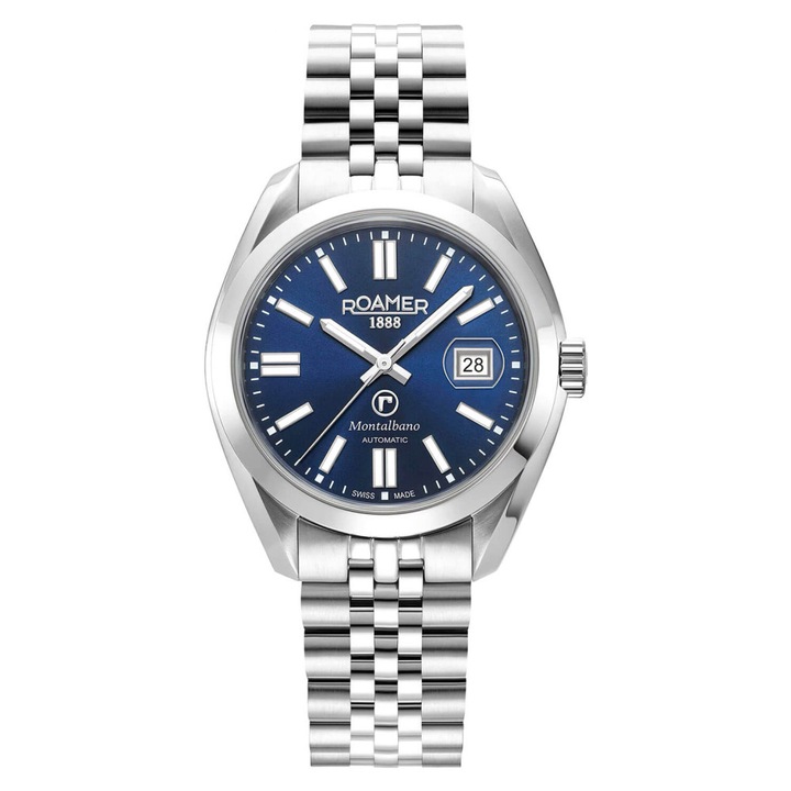 Ceas barbatesc Roamer Montalbano, inox, carcasa 41mm, cadran albastru, mecanism automat, rezistent la apa 100m, argintiu