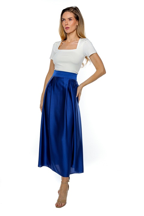 Fusta midi cu talie inalta, Muse Mark, Satin, Albastru, Albastru