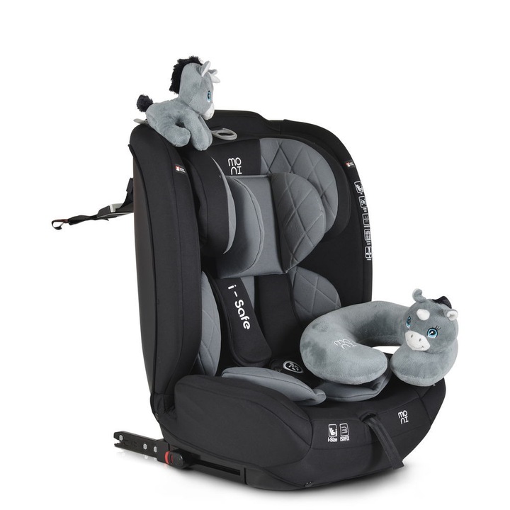 ISAFE autósülés ISIZE és ISOFIX ülésemelővé alakítható 76-150cm, Szürke+ Ajándék Utazó nyakpárna és plüss állat