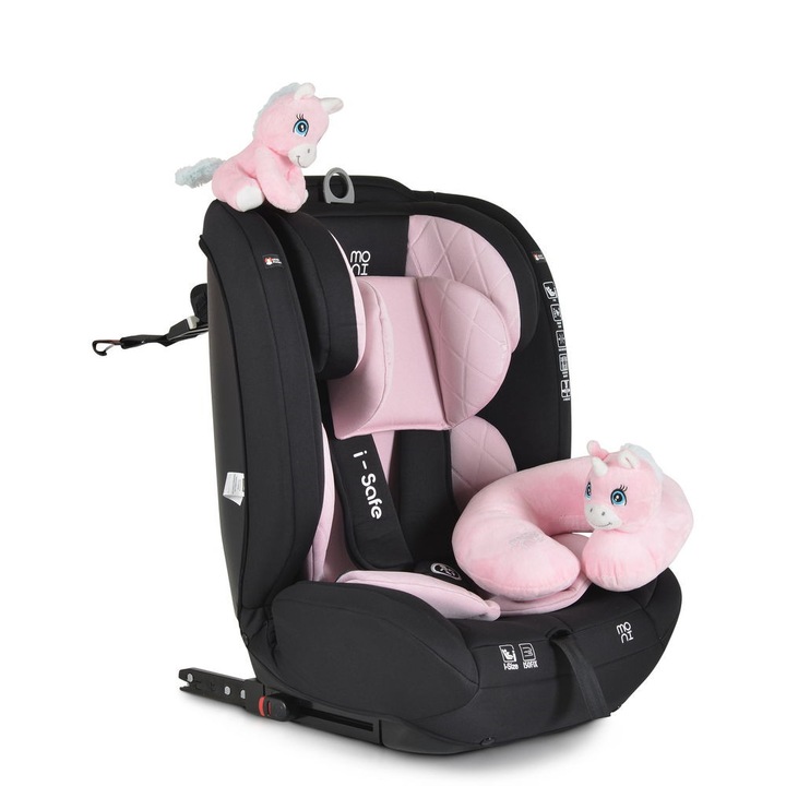 ISAFE autósülés ISIZE és ISOFIX ülésemelővé alakítható 76-150cm Rózsaszín, + Ajándék Utazó nyakpárna és plüss állat