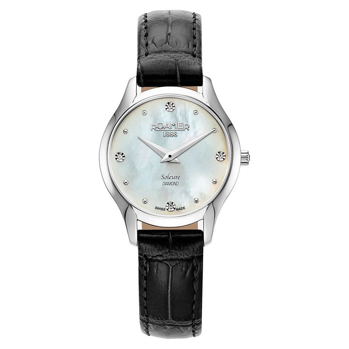 Ceas dama Roamer Soleure Diamond, 30mm, sticla safir, curea piele neagra, argintiu