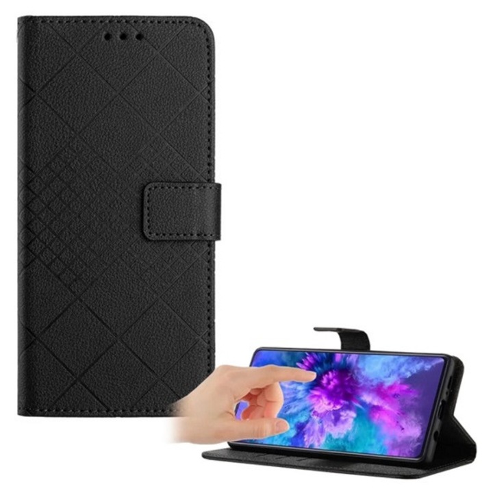 Gigapack mobiltelefon tok álló, bőr hatású, flip, oldalra nyíló, asztali tartó, négyzet, prémium, fekete, kompatibilis: Honor 400 Lite