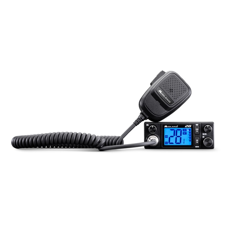Statie radio CB Midland 28, 4W, display LCD colorat 2", alimentare 12/24V, microfon cu VOX