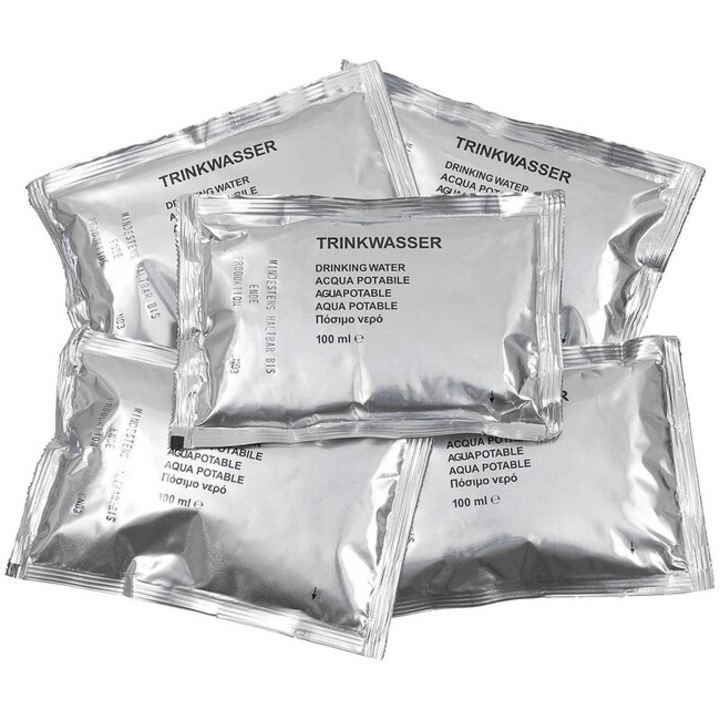 Pachet de apa potabila de urgenta, 5x100ml, MFH, compact, vacuumat, rezistent la apa