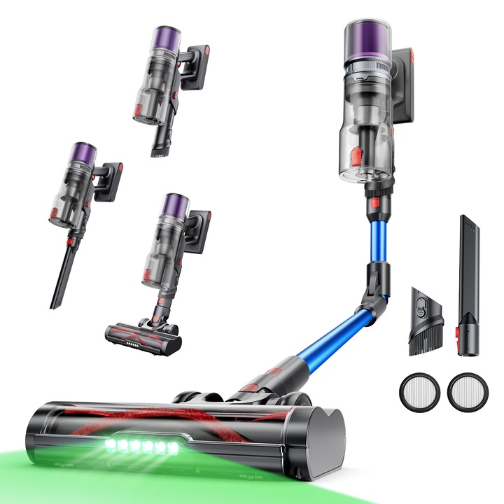 Aspirator vertical fara fir Proscenic P16 B, 550W, 55 kPa, Aspirator de mana cu tub pliabil, autonomie de 65 min, LED, Vertect™ verde, potrivit pentru par de animale, gri